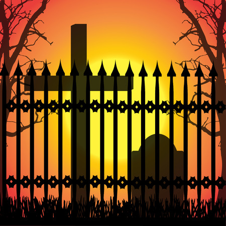 Vector silhouette of a cross in the cemetery at sunset.のイラスト素材