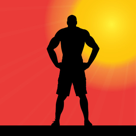 Vector silhouette of a man who works at sunset.のイラスト素材