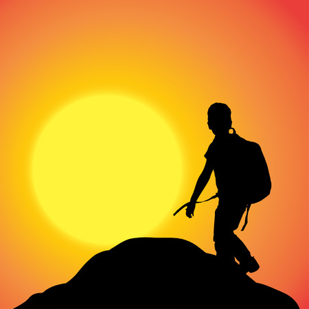 Vector silhouette of a boy in nature at sunset.のイラスト素材