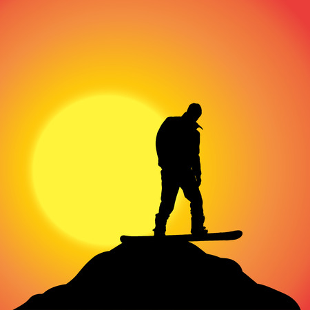 Vector silhouette of a man on a snowboard at sunset.のイラスト素材