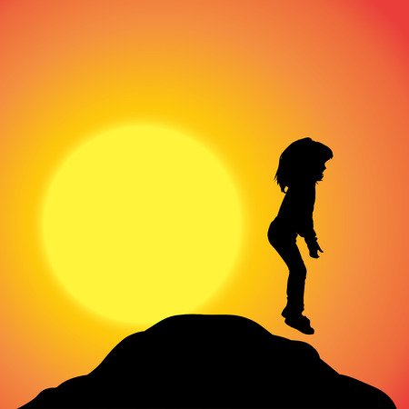 Vector silhouette of a girl in nature at sunset.のイラスト素材