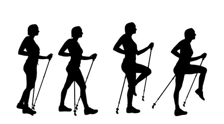 Vector silhouette of woman with Nordic walking.のイラスト素材