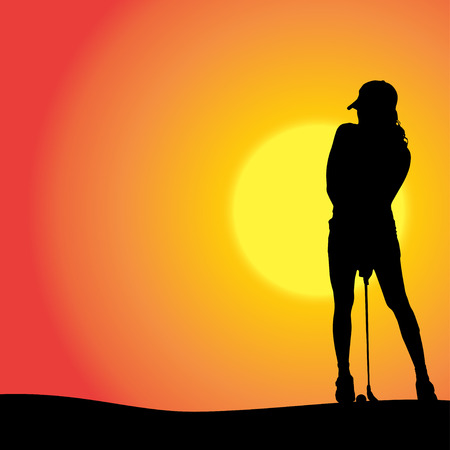 Vector silhouette of the woman who plays golf at sunset.のイラスト素材
