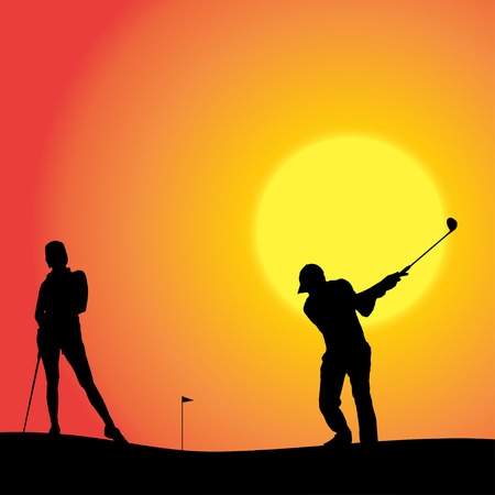 Vector silhouette of couple playing golf at sunset.の販売画像