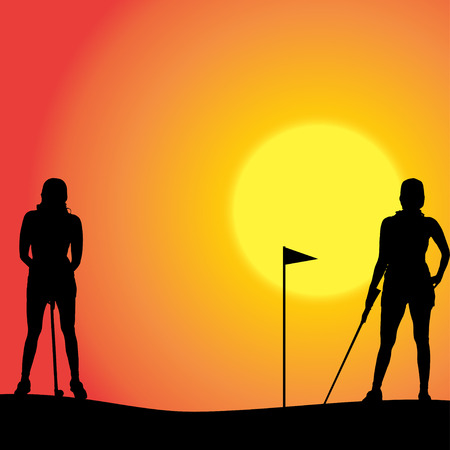 Vector silhouette of couple playing golf at sunset.のイラスト素材
