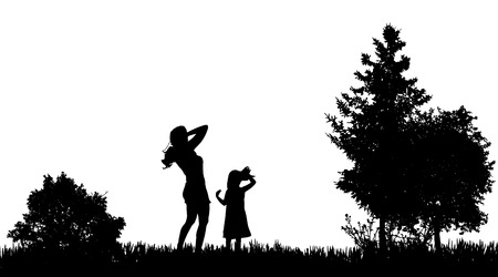 Vector silhouettes of family in nature on white background.のイラスト素材