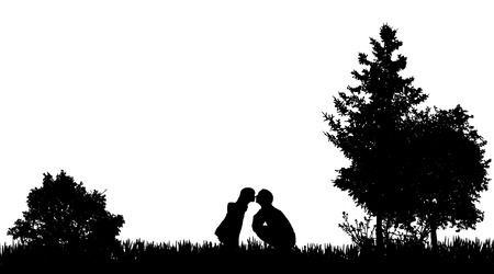 Vector silhouettes of family in nature on white background.のイラスト素材