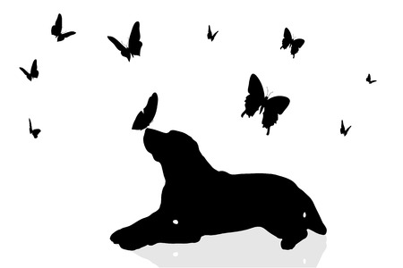 Vector silhouette of a dog surrounded by butterflies.のイラスト素材