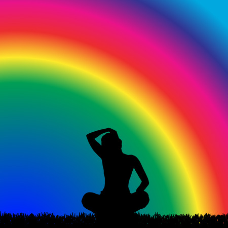 Vector silhouette of a woman who trains on rainbow background.のイラスト素材