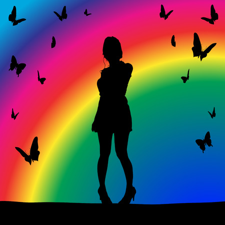 Vector silhouette of girl butterflies that fly around.のイラスト素材