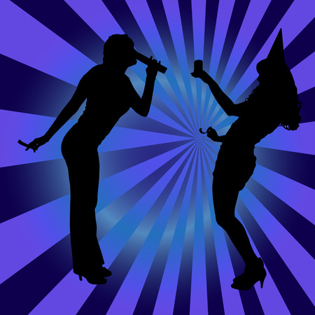 Vector silhouette women dancing on a colored background.のイラスト素材
