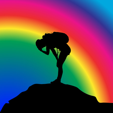 Vector silhouette of woman with backpack on rainbow bakground.のイラスト素材