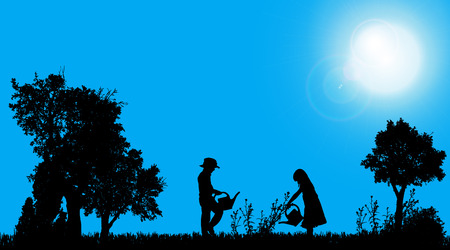 Vector silhouettes of children who play in the garden.のイラスト素材
