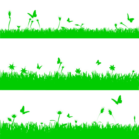 Vector illustration with grass and flowers and butterflies.のイラスト素材