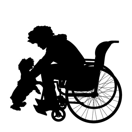 Vector silhouettes man who is in a wheelchair with a dog.のイラスト素材