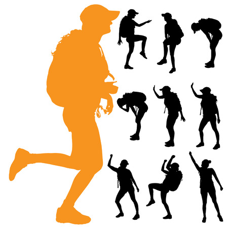 Vector silhouette of a woman with a backpack on a white background.のイラスト素材