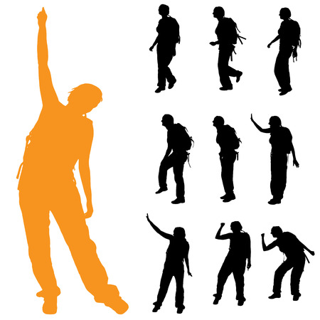 Vector silhouette of a woman with a backpack on a white background.のイラスト素材