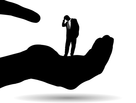 Vector silhouette of a businessman on palm on white background.のイラスト素材