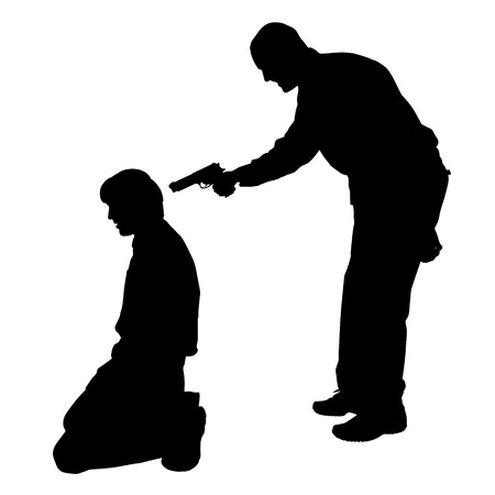 Vector silhouette of a man with a gun on a white background.のイラスト素材
