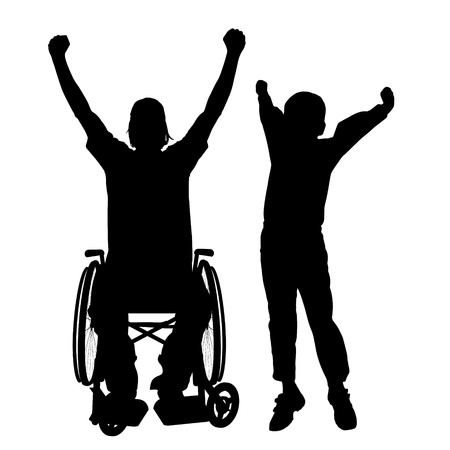 Vector silhouettes man who is in a wheelchair with a son.のイラスト素材