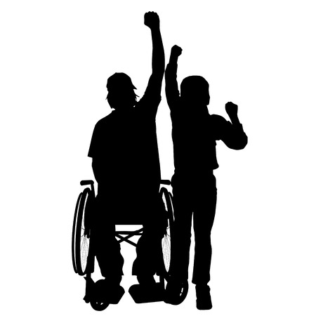 Vector silhouettes man who is in a wheelchair with a son.のイラスト素材