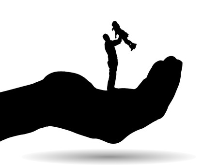 Vector silhouette of a family on palm on white background.のイラスト素材