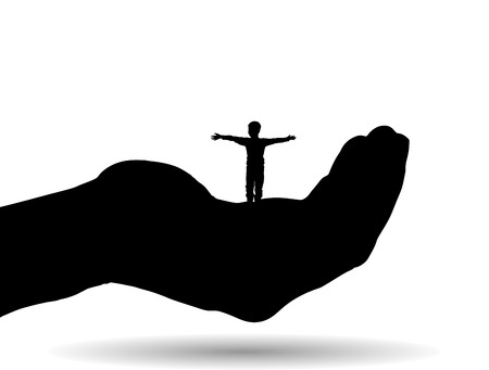 Vector silhouette of a boy on palm on white background.のイラスト素材