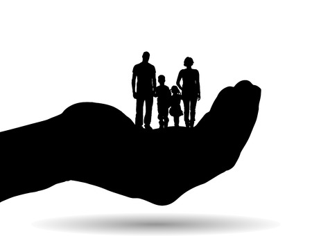 Vector silhouette of a family on palm on white background.のイラスト素材