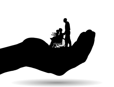 Vector silhouette of a family on palm on white background.のイラスト素材