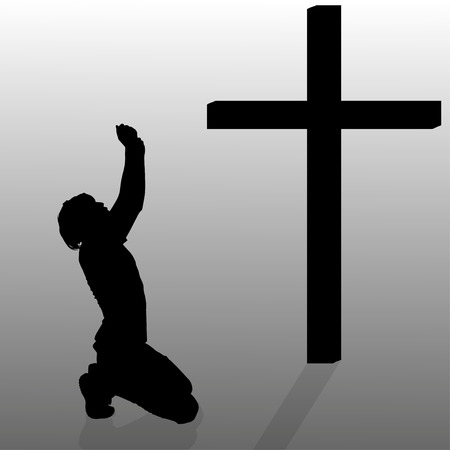 Vector silhouette of a man who kneels in front of a cross.のイラスト素材