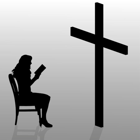 Vector silhouette of a woman who sits in front of a cross.のイラスト素材