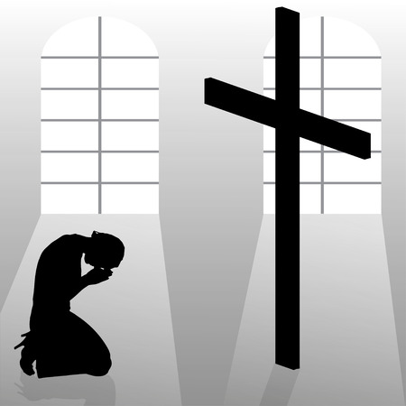 Vector silhouette of a woman who prays in church.のイラスト素材