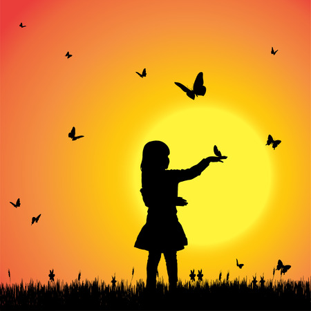 Vector silhouette of a girl with butterflies.のイラスト素材
