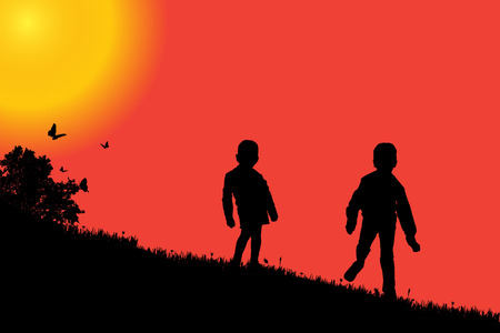 silhouette of a children at sunset.のイラスト素材