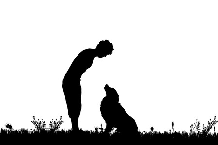 Vector silhouette of a man with a dog on a meadow.のイラスト素材