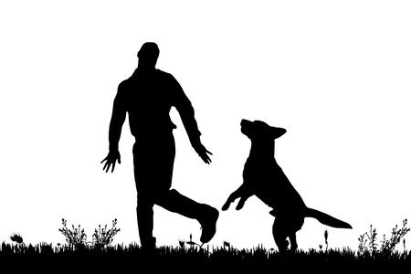 Vector silhouette of a man with a dog on a meadow.のイラスト素材