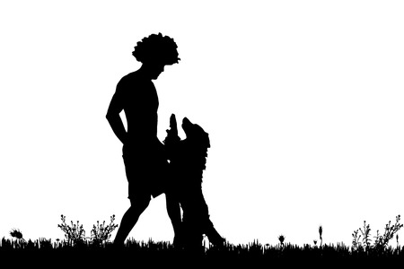 Vector silhouette of a man with a dog on a meadow.のイラスト素材