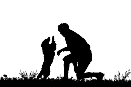 Vector silhouette of a man with a dog on a meadow.のイラスト素材