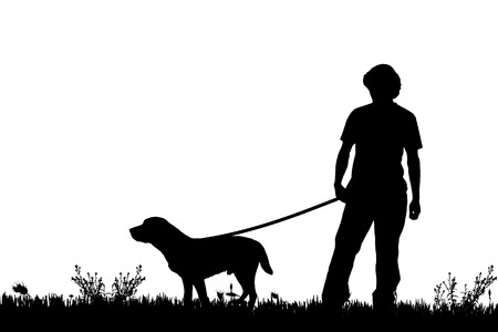 Vector silhouette of a man with a dog on a meadow.のイラスト素材