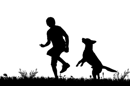 Vector silhouette of a man with a dog on a meadow.のイラスト素材