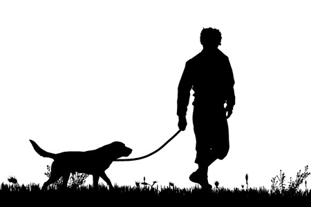 Vector silhouette of a man with a dog on a meadow.のイラスト素材