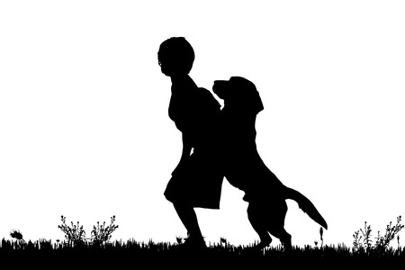 Vector silhouette of a woman with a dog on a meadow.のイラスト素材