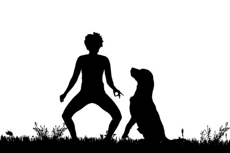 Vector silhouette of a woman with a dog on a meadow.のイラスト素材