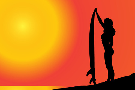 Vector silhouette of a woman with surfboard on the beach.のイラスト素材