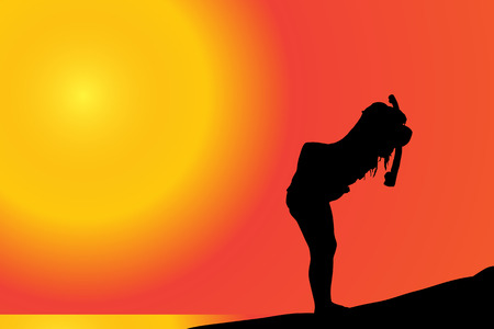 Vector silhouette of girl on a beach at sunset.のイラスト素材