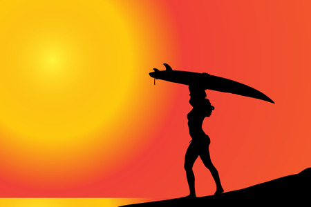 Vector silhouette of a woman with surfboard on the beach.のイラスト素材