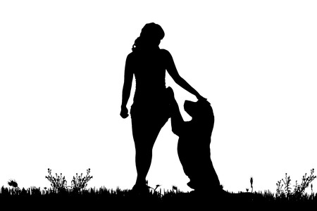 Vector silhouette of a woman with a dog on a meadow.のイラスト素材