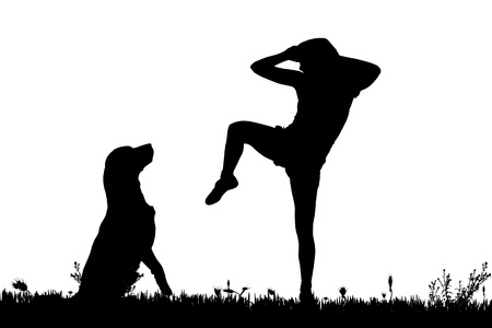 Vector silhouette of a woman with a dog on a meadow.のイラスト素材