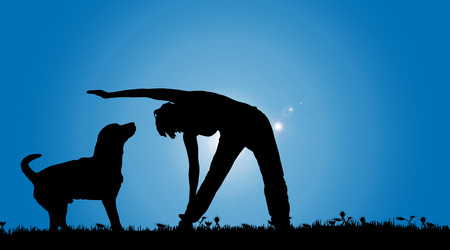 Vector silhouette of a woman with a dog on a meadow.のイラスト素材