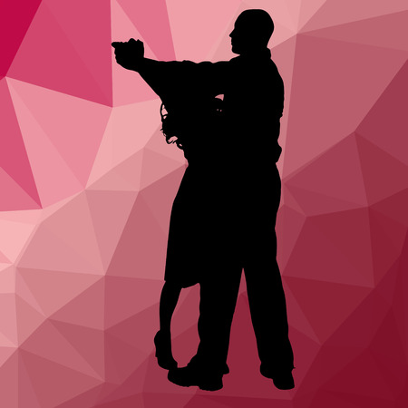 Silhouette dancing people with low poly backgroundのイラスト素材